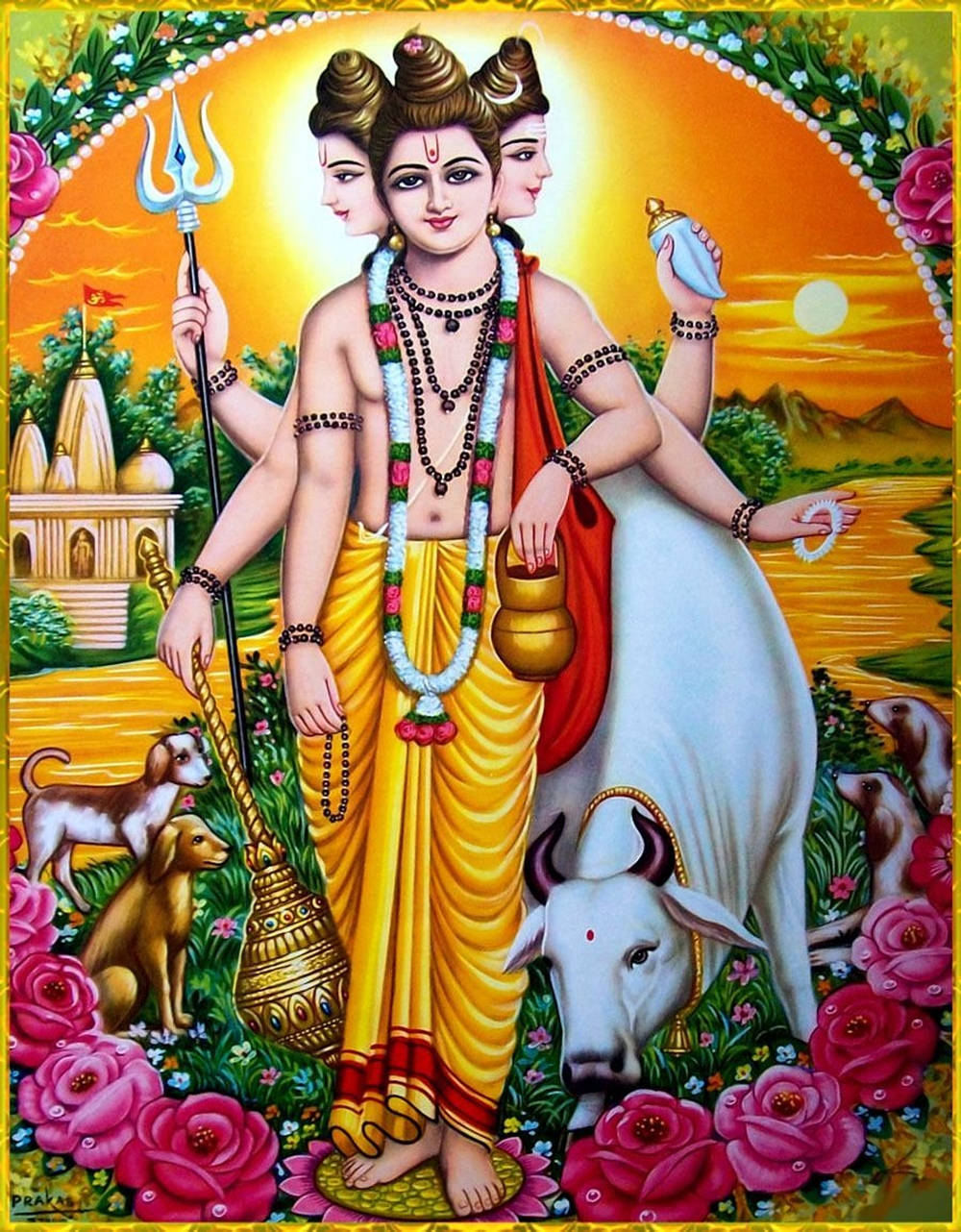 Hindu God 桌布 壁紙 — 一幅充滿活力的插圖，描繪印度教神祇Trishul手持三叉戟和法螺，周圍環繞著粉紅玫瑰和神聖動物，背景為日落。