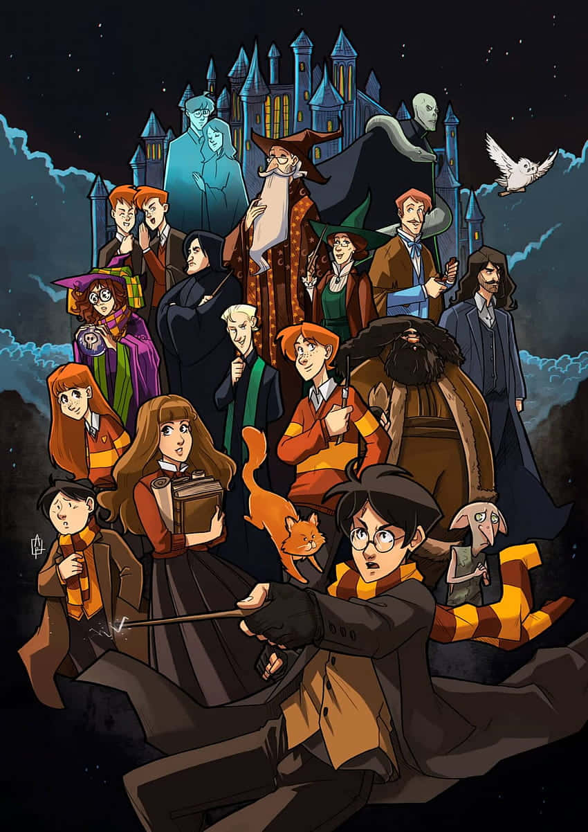 Hogwarts Castle 桌布 壁紙 — 一幅充滿活力的插圖，描繪哈利波特和朋友們在星空下聚集在霍格華茲前，背景中有一隻飛行的貓頭鷹和幽靈般的人物。