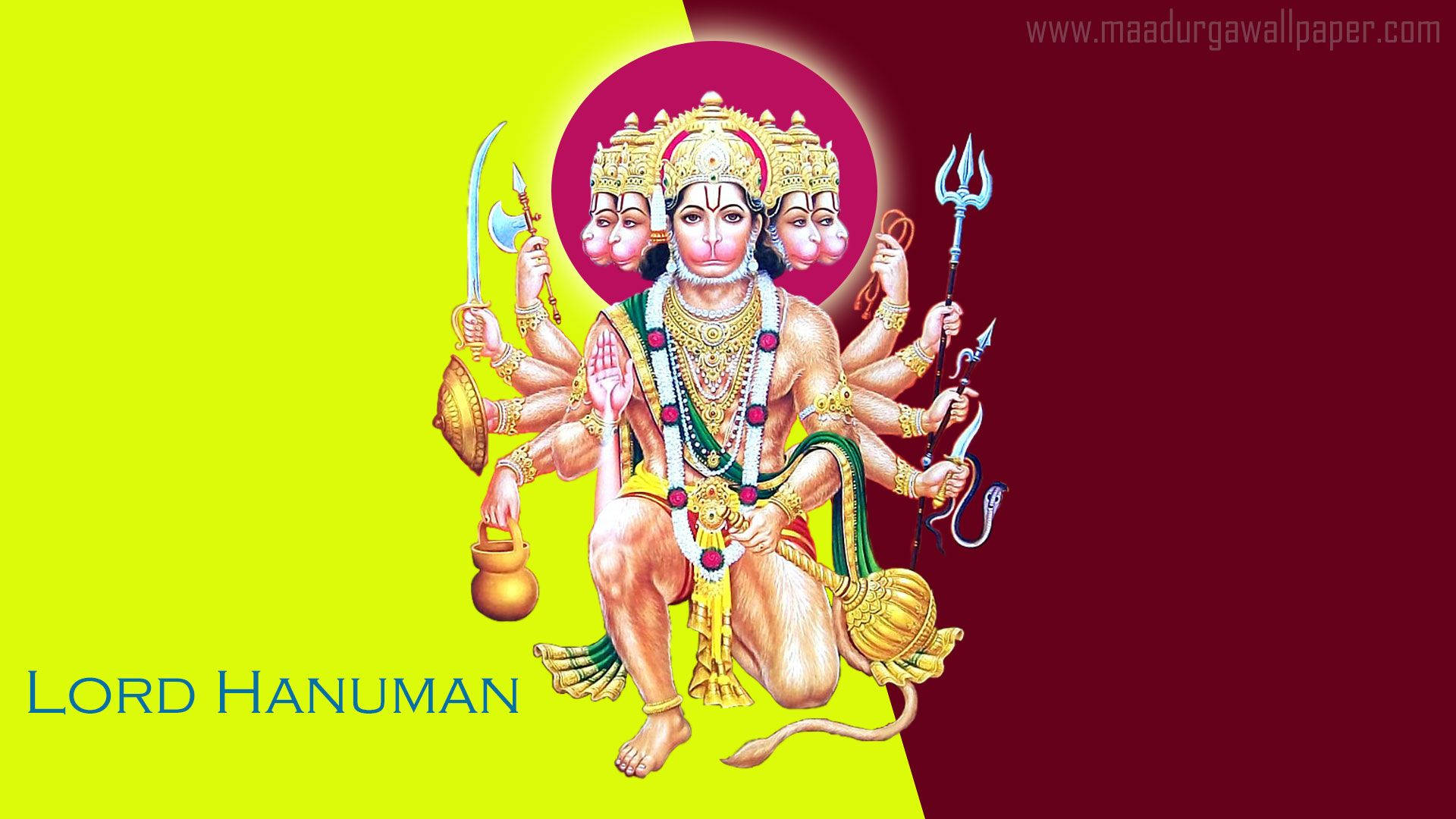lord hanuman HD 桌布 壁紙 — 一幅充滿活力的插圖，描繪哈努曼神擁有多隻手臂，手持武器和神聖物品，背景為黃色和栗色分割。