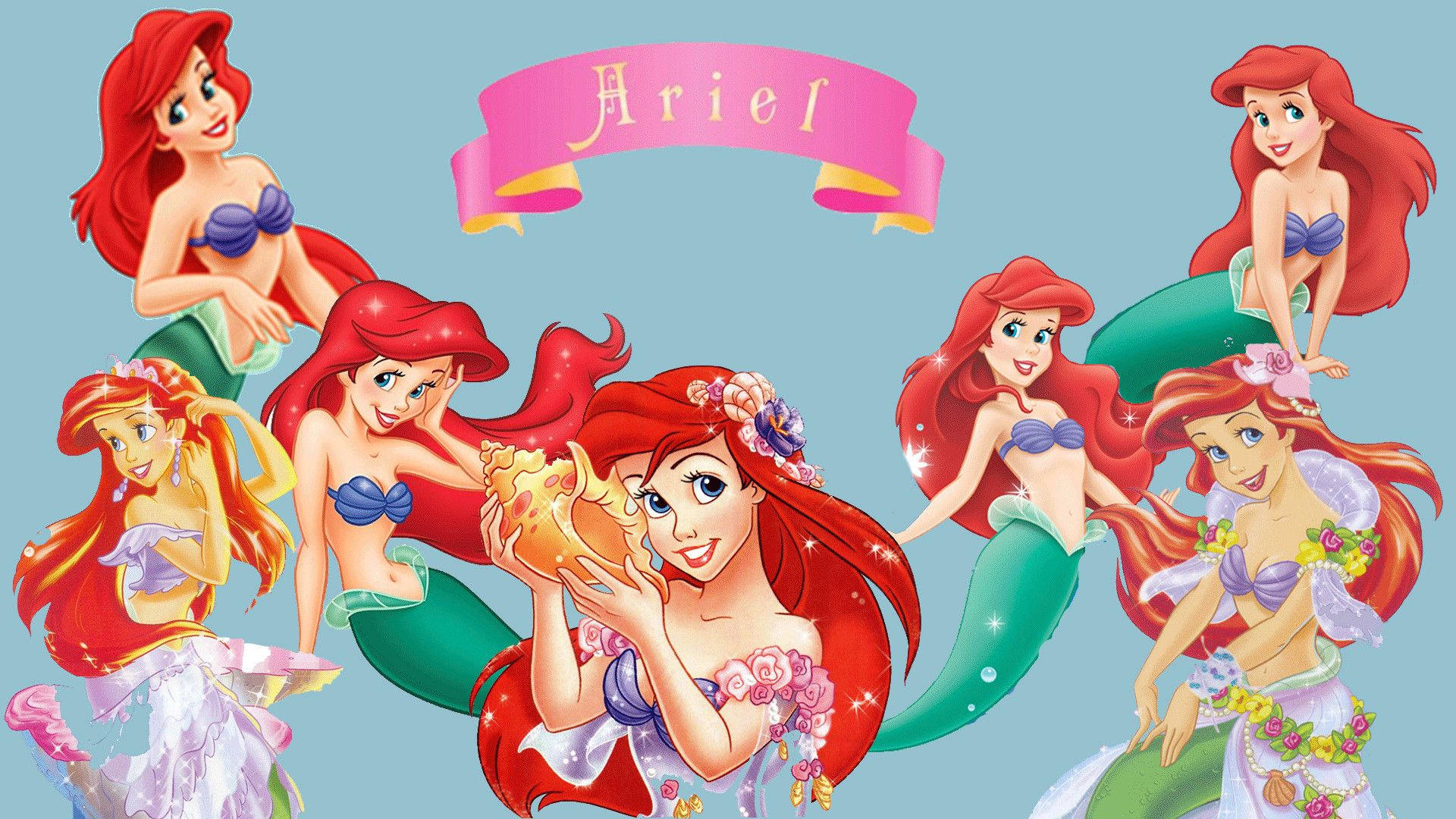 The Little Mermaid 桌布 壁紙 — 一幅充滿活力的插圖，描繪小美人魚中的愛麗兒以多種姿勢呈現，擁有飄逸的紅髮和綠色尾巴，背景是柔和的藍色。