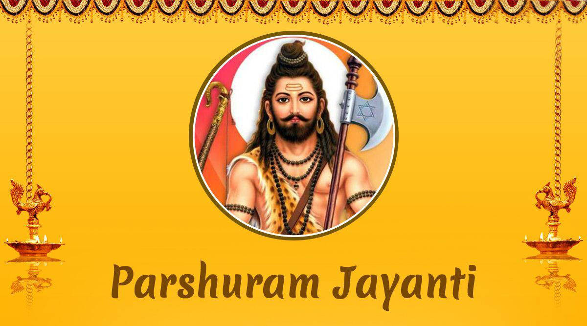 Parshuram 桌布 壁紙 — 一幅充滿活力的插圖，描繪帕拉舒拉姆勳爵手持斧頭和權杖，背景為金色及懸掛的油燈。