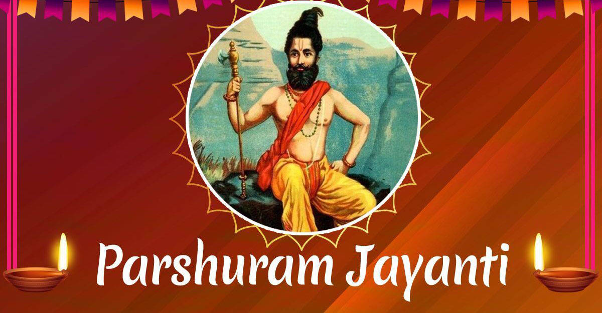 Parshuram 桌布 壁紙 — 一幅充滿活力的插圖，描繪帕爾舒拉姆勳爵以冥想姿勢坐著，手持斧頭，節日橫幅和點燃的油燈框住場景。
