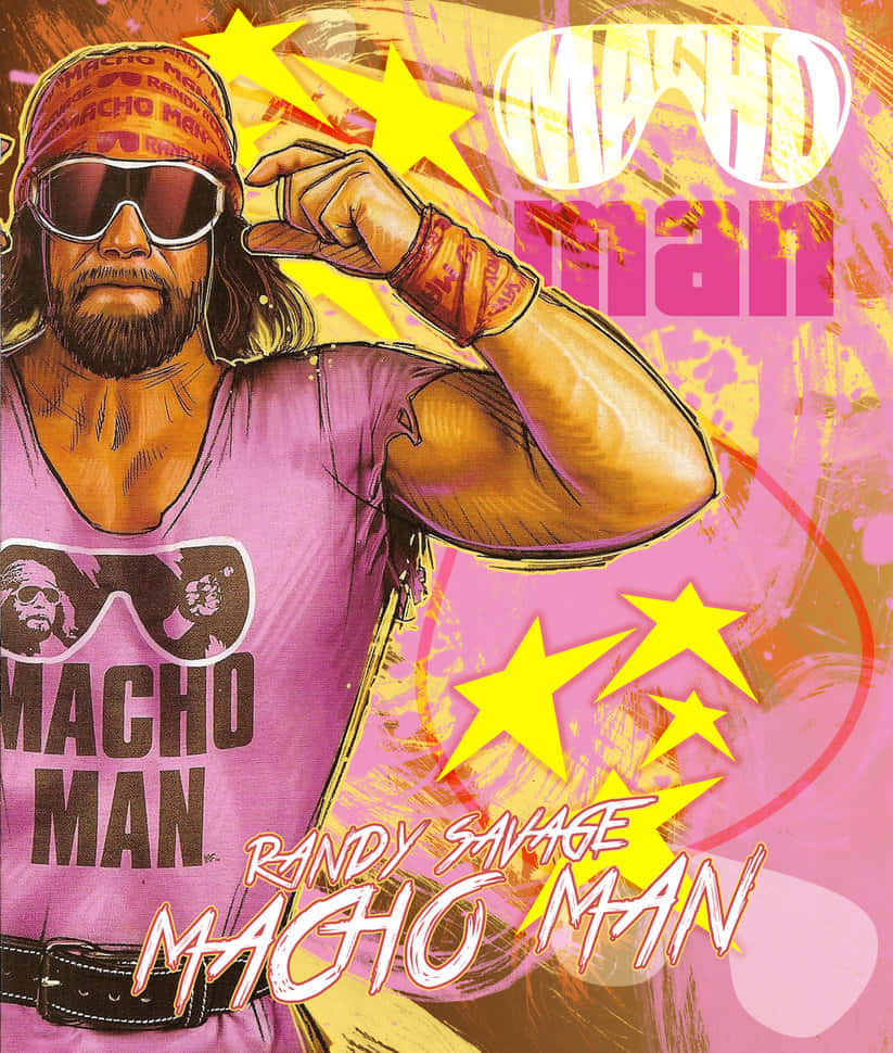 WWE 桌布 壁紙 — 一幅充滿活力的插圖，描繪摔角手 Randy Savage 以他標誌性的 Macho Man 形象，在粉紅和黃色的星爆背景下自信地擺姿勢。