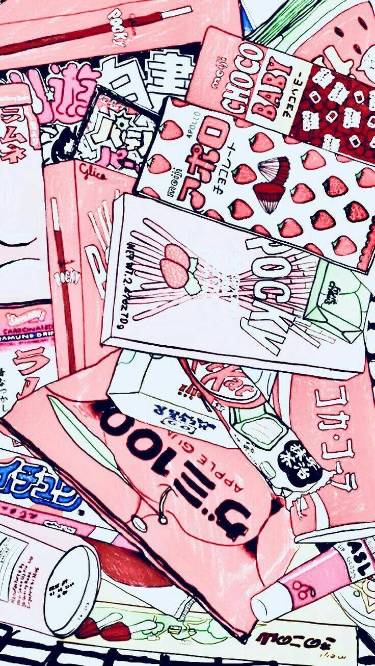 粉嫩美學 iPhone 桌布 壁紙 — 一幅充滿活力的插圖，描繪散落的日本糖果包裝，以粉紅色和紅色色調呈現，帶有粗體文字和草莓圖案。