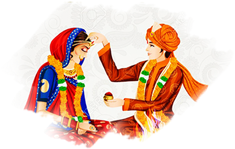 Hindu Wedding 桌布 壁紙 — 一幅充滿活力的插圖，描繪新郎在傳統印度婚禮儀式中為新娘額頭塗上硃砂。