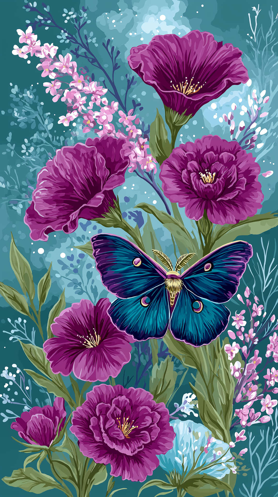 Enchanting Luna Moth with Diverse Wildflowers Seamless Design 壁紙 — 一幅充滿活力的插圖，描繪深紫色花朵和一隻引人注目的藍色飛蛾，在精緻的粉紅色花朵之間，背景為青綠色。