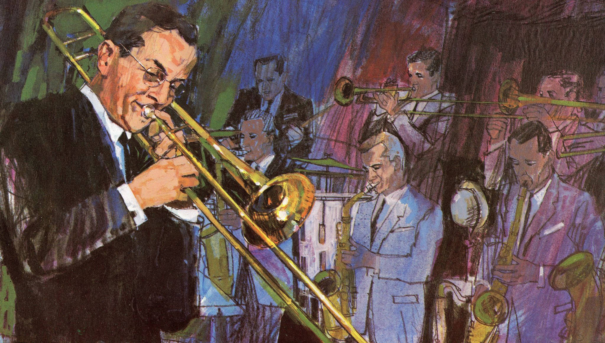 band 桌布 壁紙 — 一幅充滿活力的插圖，描繪爵士樂隊在色彩繽紛的舞台燈光下演奏長號、薩克斯風和小號。