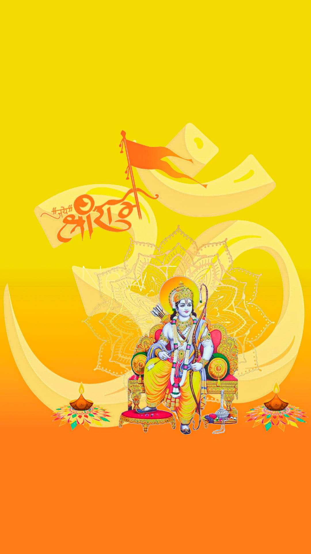 Indian 桌布 壁紙 — 一幅充滿活力的插圖，描繪羅摩勳爵坐在寶座上，手持弓箭和旗幟，背景是耀眼的黃色和橙色漸變。