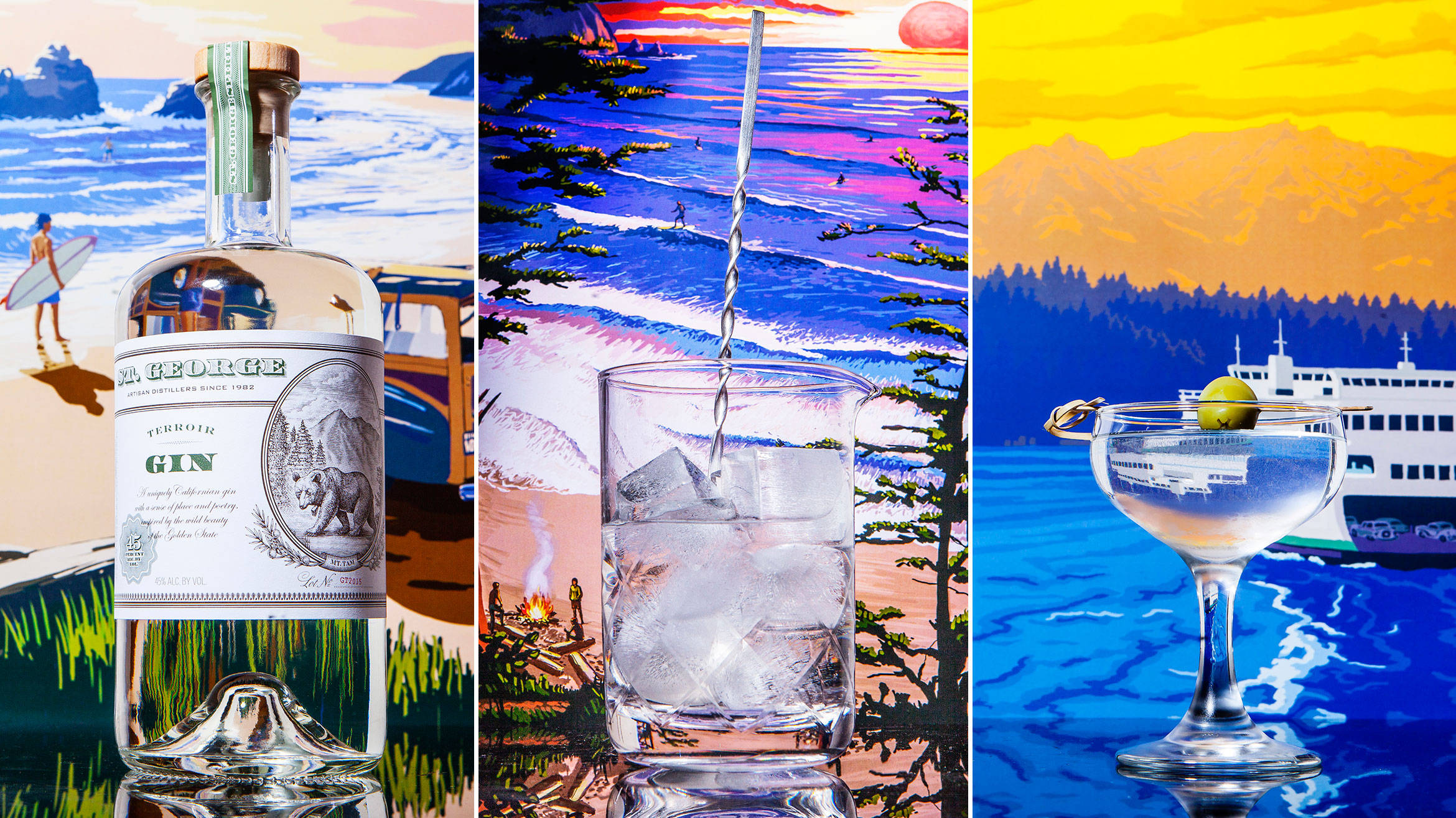bottle 桌布 壁紙 — 一幅充滿活力的插圖三聯畫，描繪了琴酒瓶、海灘衝浪者、雞尾酒杯和渡輪，背景是山巒日落。