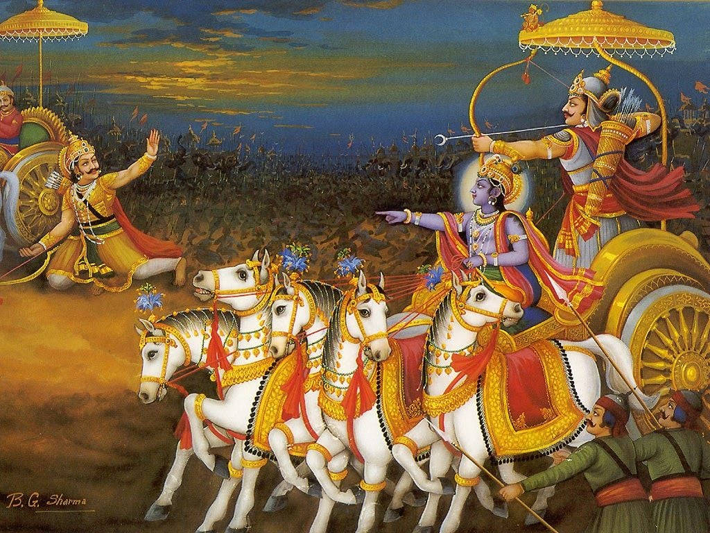 Indian 桌布 壁紙 — 一幅充滿活力的插圖場景，描繪一輛神聖戰車由四匹白馬拉動，配以華麗的金色和紅色馬具，由身穿金色盔甲的戰士駕駛，背景是暮色天空。