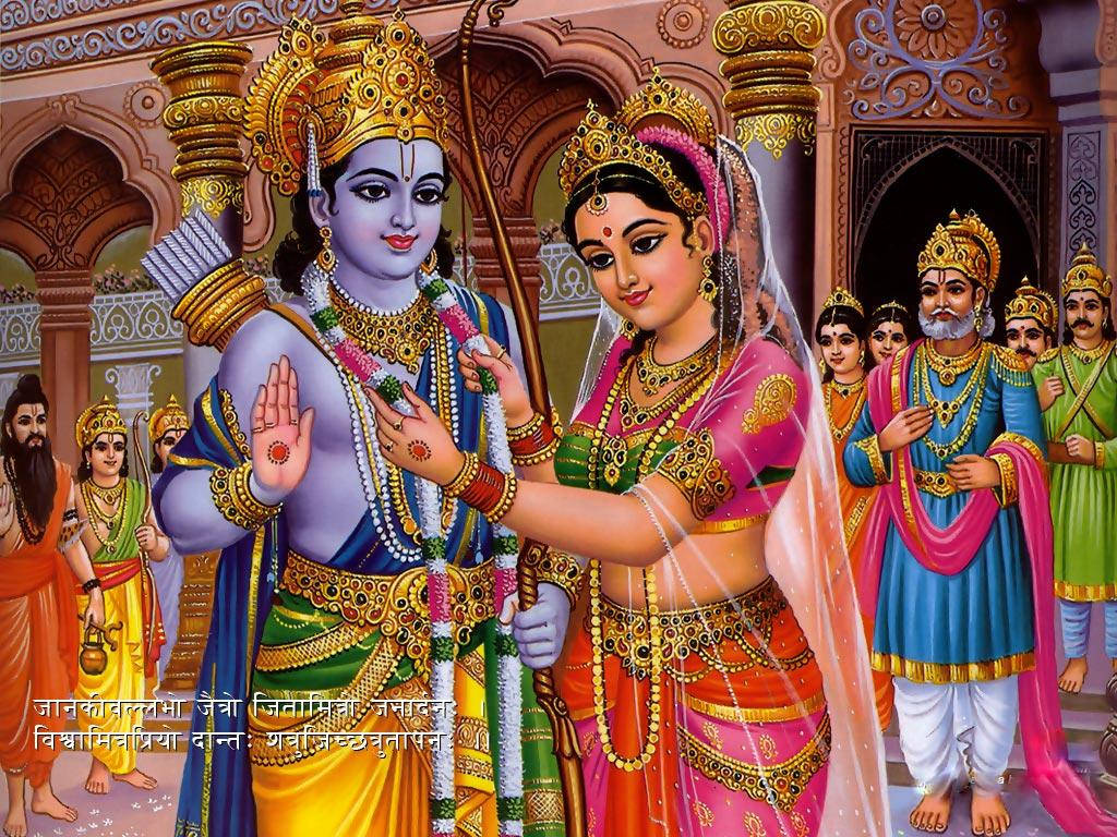 Sita 桌布 壁紙 — 一幅充滿活力的插圖場景，描繪克里希納勳爵和拉達身著華麗傳統服飾，在裝飾華麗的宮殿大廳中交換花環。