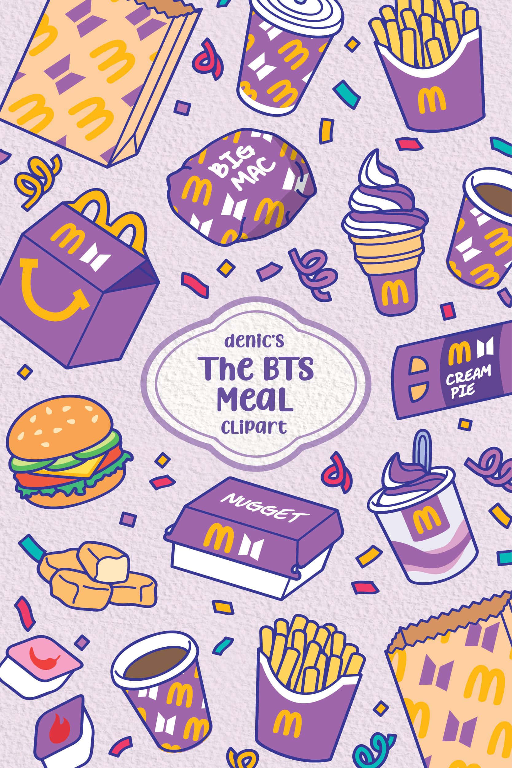 Bts Mac 桌布 壁紙 — 一幅充滿活力的插圖拼貼畫，展示麥當勞BTS Meal的食品，如漢堡、薯條和飲料，散落在有紋理的背景上。