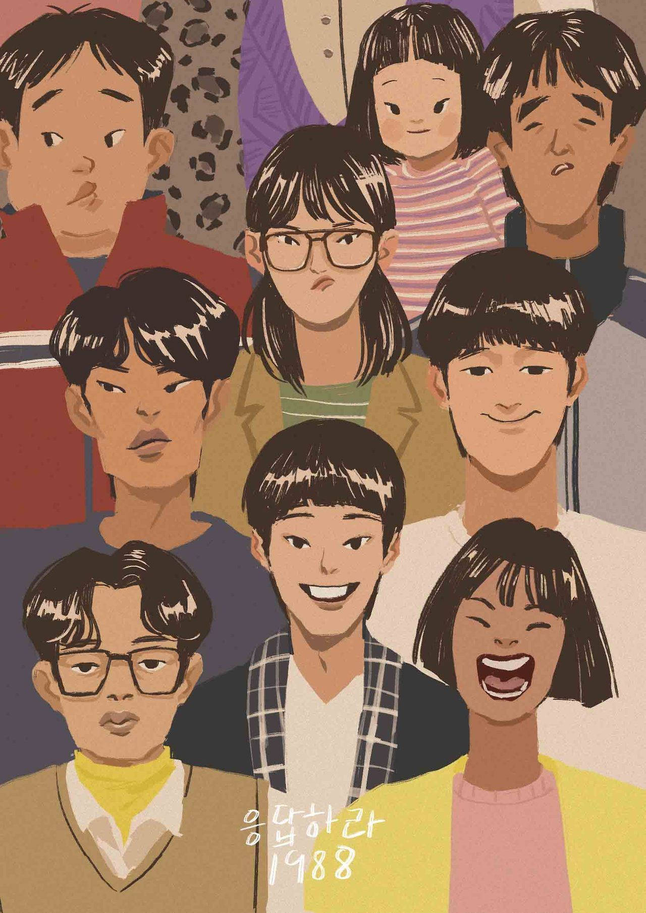 Reply 1988 桌布 壁紙 — 一幅充滿活力的插圖拼貼畫，描繪了1988年代各種韓國角色，每個角色都有獨特的表情和色彩繽紛的服裝。