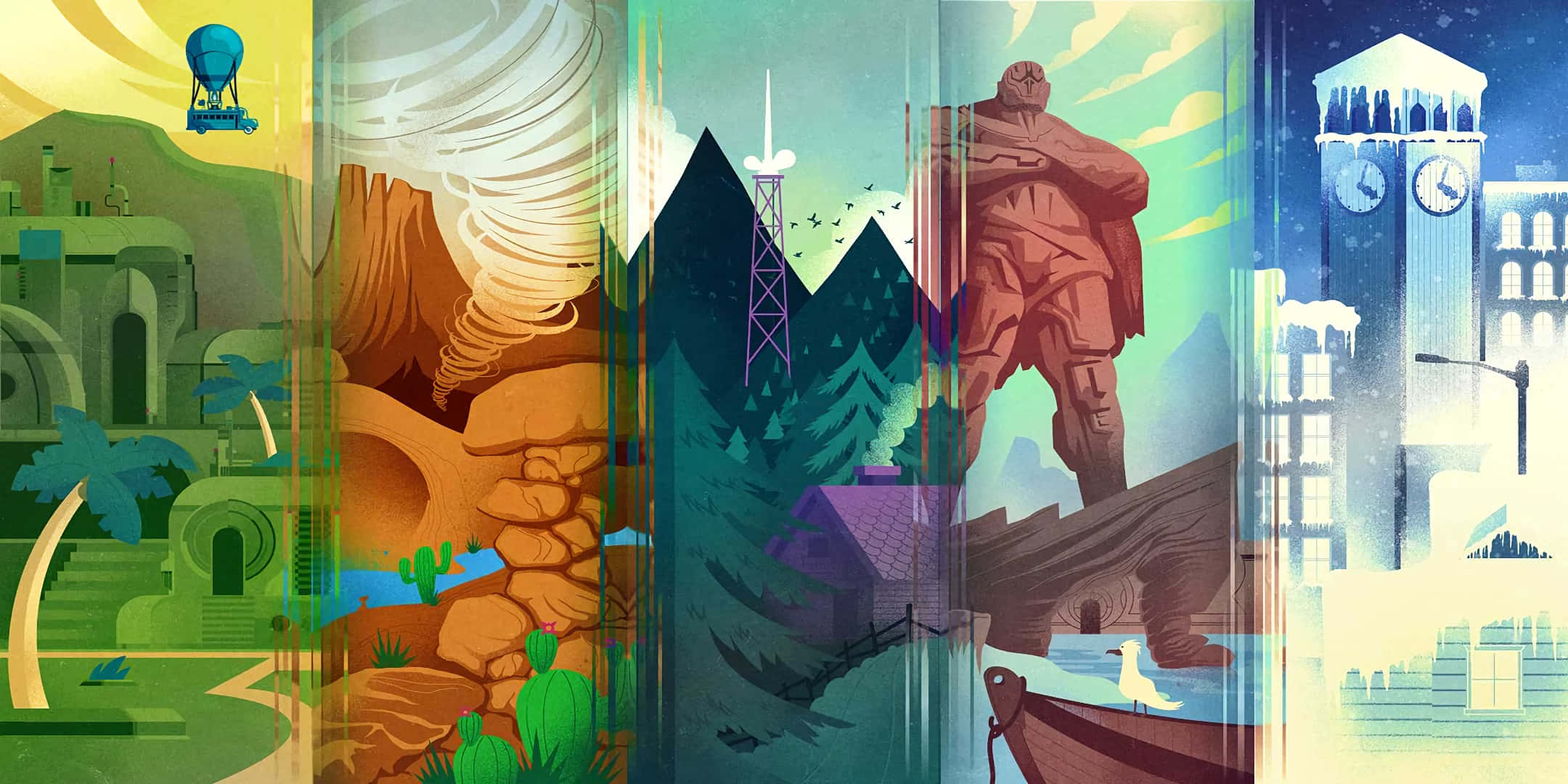 Fortnite Chapter 3 桌布 壁紙 — 一幅充滿活力的插圖拼貼畫，描繪了五個不同的超現實景觀，從沙漠到雪城，在風格化的天空下。