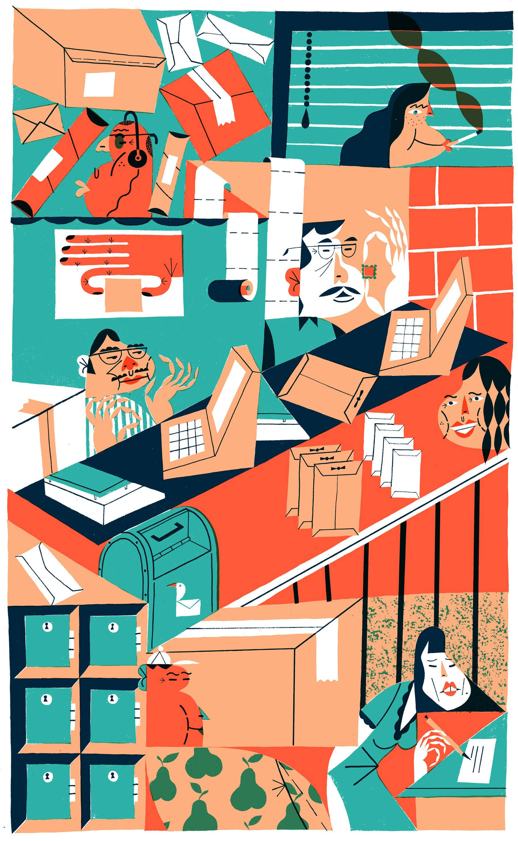 Post Office 桌布 壁紙 — 一幅充滿活力的插圖拼貼畫，描繪壓力大的辦公室員工淹沒在文書工作和箱子中。