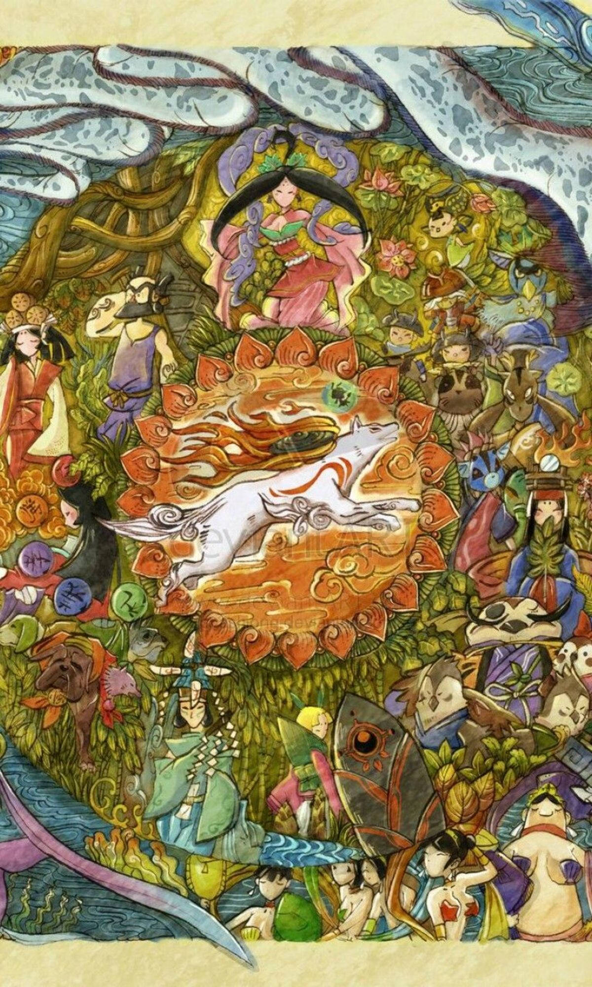 Okami 桌布 壁紙 — 一幅充滿活力的插圖掛毯，描繪了神話般的日本人物和生物在翠綠草木和流水中圍繞著中央的白狐靈旋轉。