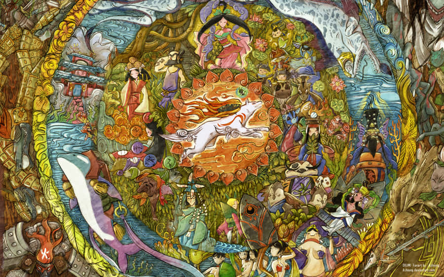 Okami HD 桌布 壁紙 — 一幅充滿活力的插圖掛毯，描繪神話人物和生物在一個茂盛、奇幻的國度中圍繞著一隻中央的白狐旋轉。