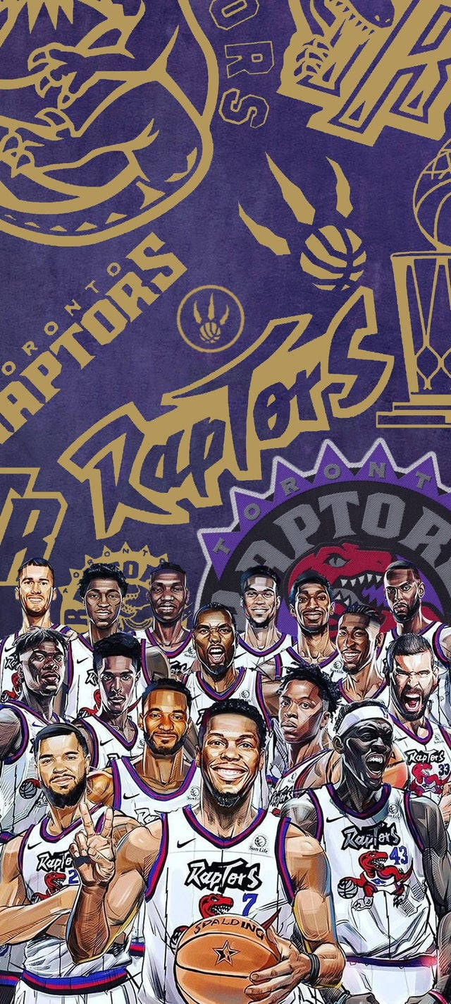 Raptors 桌布 壁紙 — 一幅充滿活力的插圖桌布，展示多倫多暴龍隊籃球運動員穿著球隊球衣，帶有醒目的金色和紫色品牌標誌及標誌。