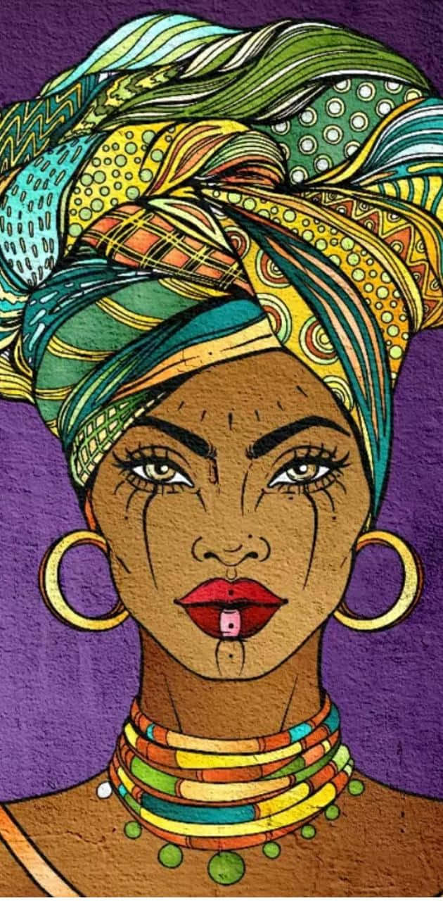 Woman 桌布 壁紙 — 一幅充滿活力的插畫肖像，描繪一位化著大膽妝容、戴著色彩繽紛圖案頭巾的女性，背景為深紫色。