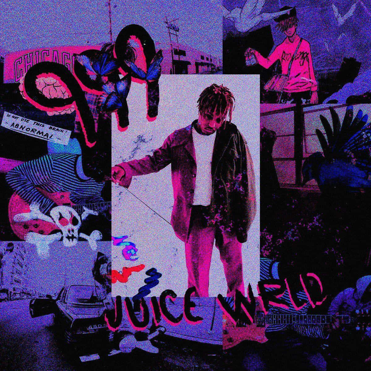 Juice WRLD 的故障藝術拼貼畫，帶有城市塗鴉和鮮豔的粉紫色調。 — Juice Wrld 壁紙
