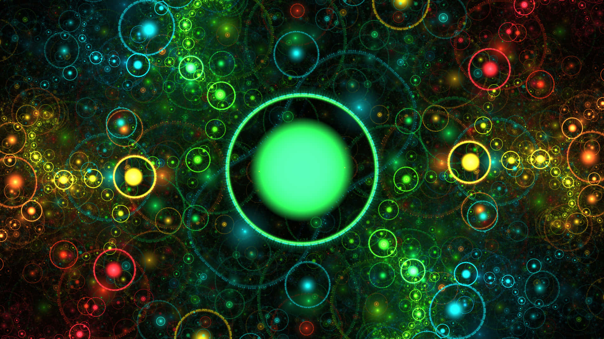 Circle 桌布 壁紙 — 一幅充滿活力的數位分形藝術作品，在深色背景上呈現綠色、黃色和紅色的發光霓虹圓圈。