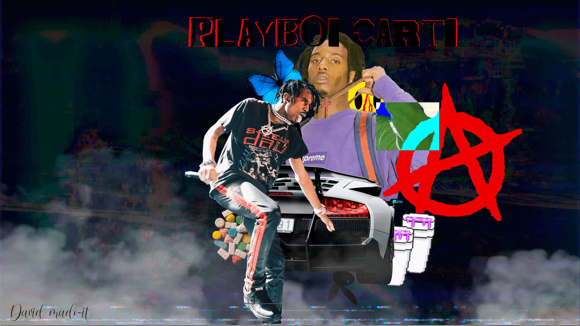 Playboi Carti HD 桌布 壁紙 — 一幅充滿活力的數位拼貼畫， featuring 兩位饒舌歌手、一輛豪華汽車、大膽的紅色無政府主義符號，以及在煙霧瀰漫的黑暗背景上的故障效果。