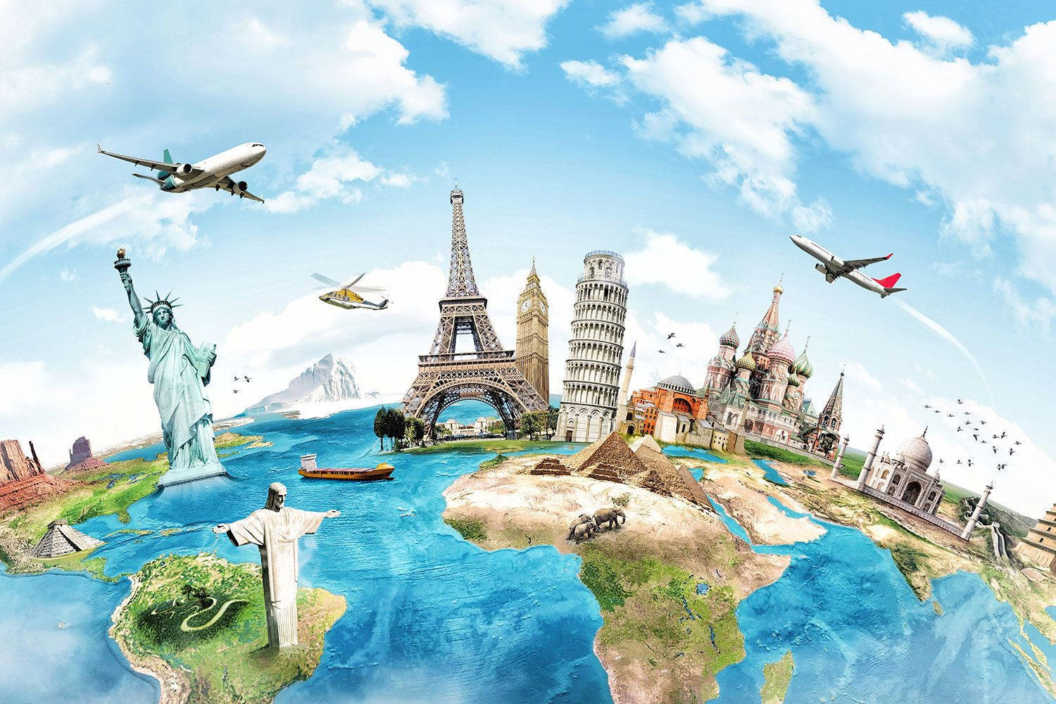 Eiffel Tower 桌布 壁紙 — 一幅充滿活力的數位拼貼畫，全球地標漂浮在風格化的世界地圖上，上方是明亮的藍天，飛機飛過。