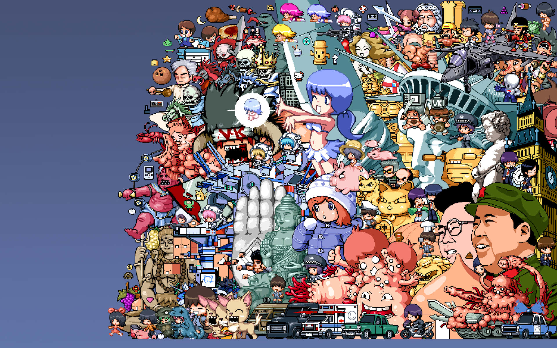 Cartoon Collage 桌布 壁紙 — 一幅充滿活力的數位拼貼畫，密集地排列著動漫角色、流行文化圖標和卡通人物，背景為漸變藍色。