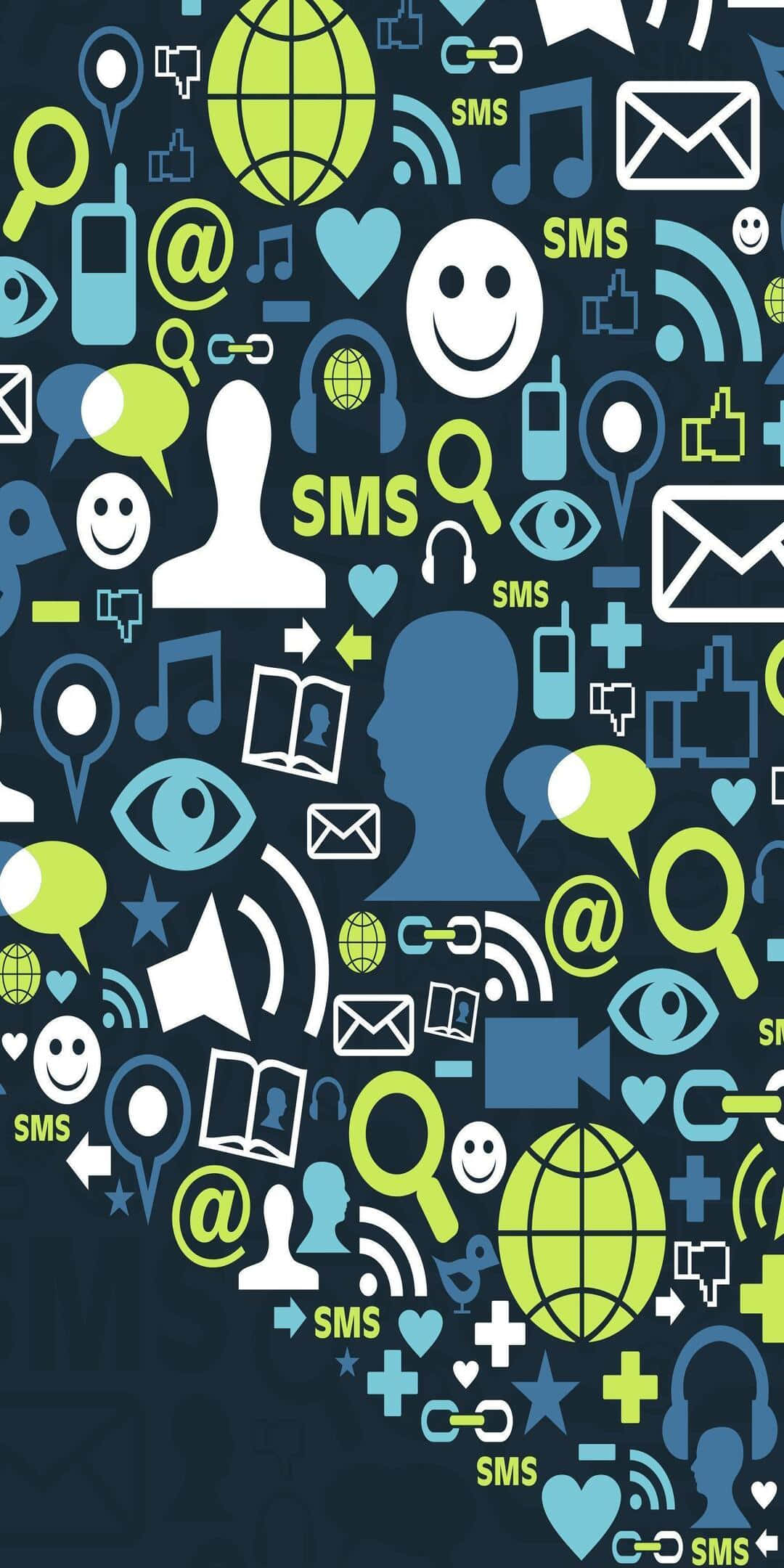 Social 桌布 壁紙 — 一幅充滿活力的數位拼貼畫，展示SMS信封、心形和地球儀等通訊圖標圍繞著中央用戶剪影旋轉。