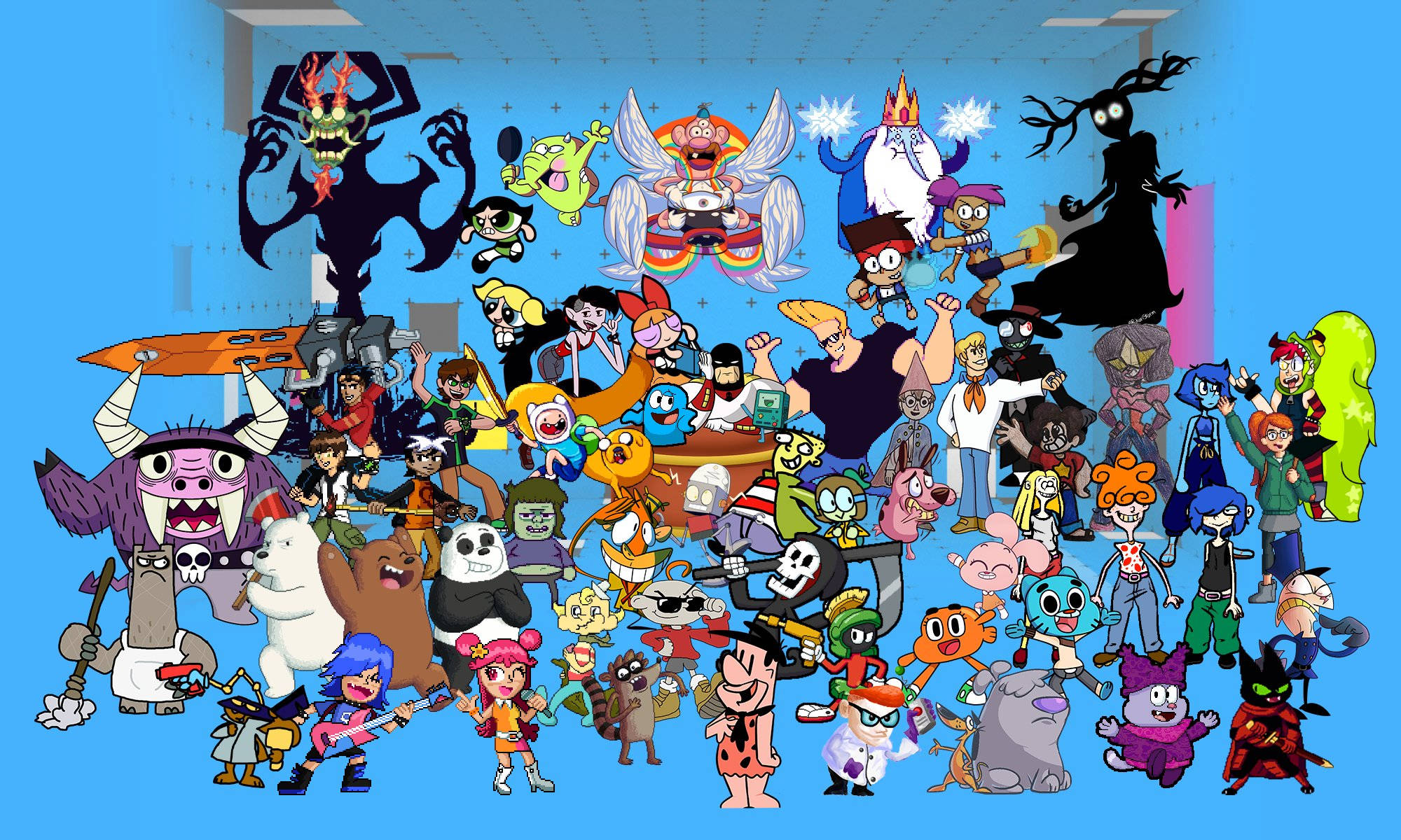 Cartoon Network Characters 桌布 壁紙 — 一幅充滿活力的數位拼貼畫，展示了來自不同節目的數十個動畫角色在純藍色背景前一起擺姿勢。