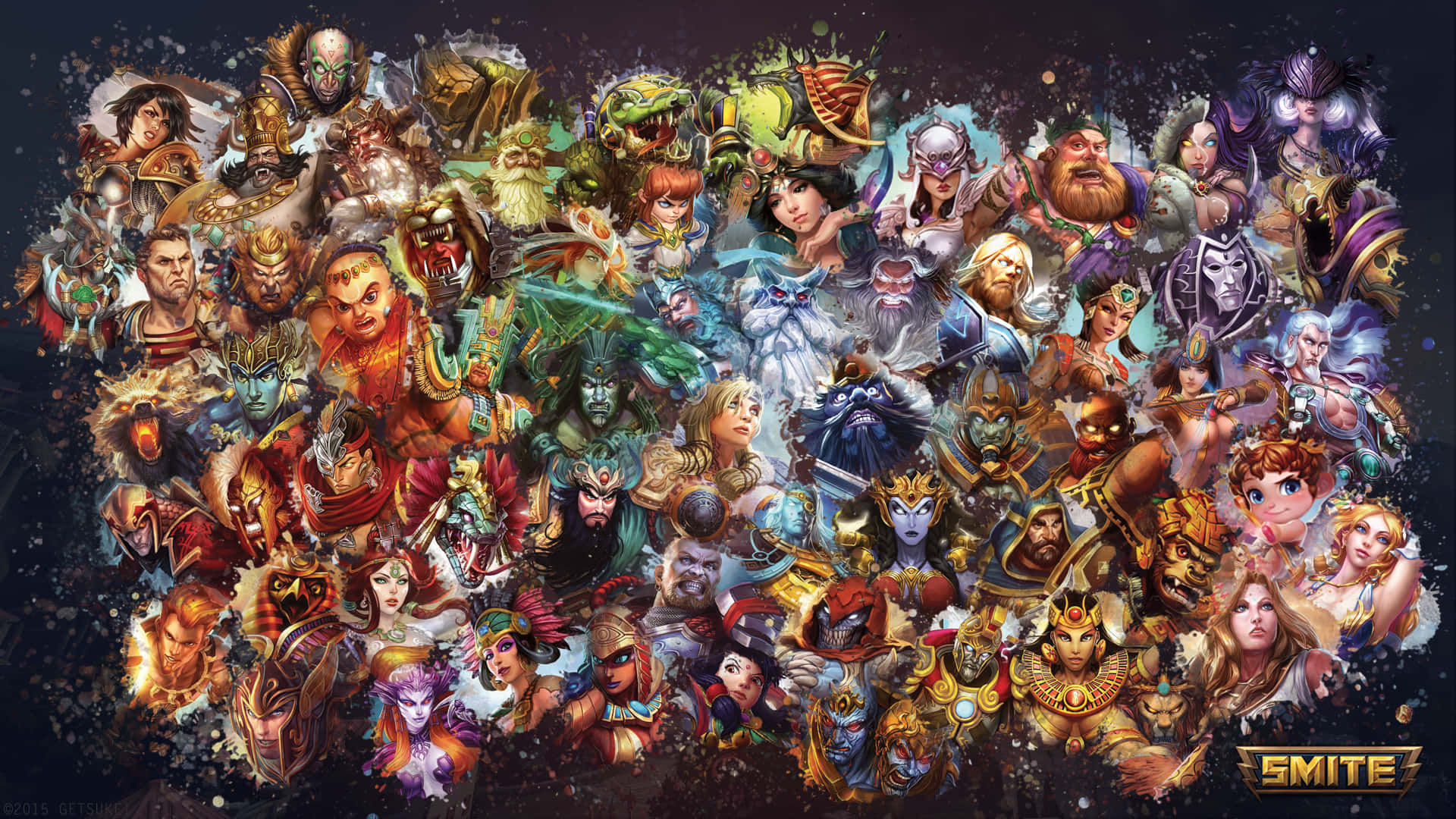 Smite 桌布 壁紙 — 一幅充滿活力的數位拼貼畫，展示遊戲《SMITE》中多樣化的奇幻角色，色彩繽紛的盔甲和魔法能量在黑暗的宇宙背景下迸發。