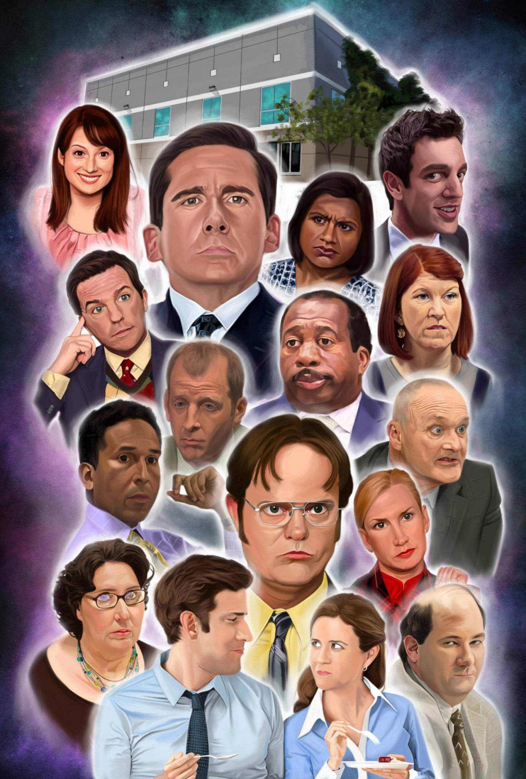 tv 桌布 壁紙 — 一幅充滿活力的數位拼貼畫，描繪《辦公室》演員在現代辦公大樓周圍漂浮，背景是宇宙紫色。