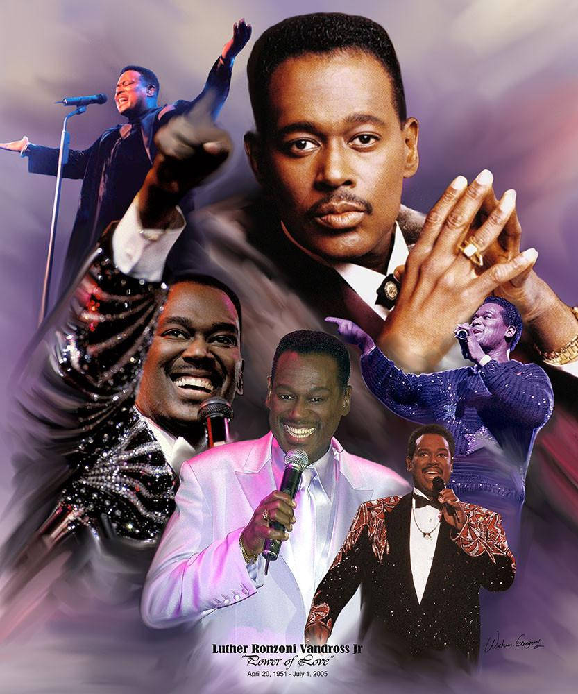 poster 桌布 壁紙 — 一幅充滿活力的數位拼貼畫，描繪 Luther Vandross 以各種表演姿勢穿著閃亮西裝，背景是煙霧瀰漫的紫色。