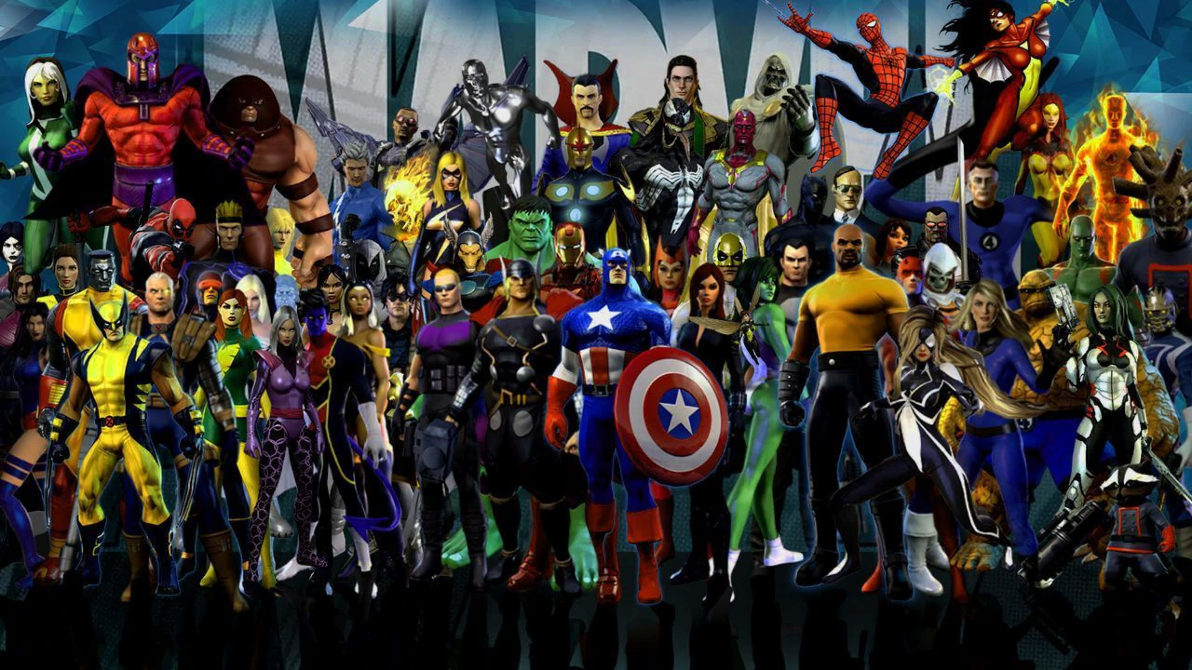 4K Marvel 壁紙 桌布 壁紙 — 一幅充滿活力的數位拼貼畫，描繪了標誌性漫畫超級英雄和反派在幾何藍黑背景上動態擺姿勢。