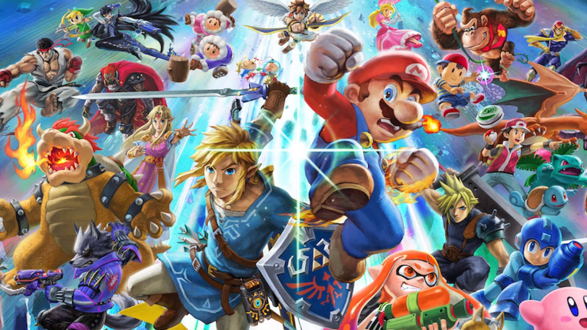 Fighting Games 桌布 壁紙 — 一幅充滿活力的數位拼貼畫，描繪了標誌性電玩英雄和反派在發光藍色能量爆發背景下的動態動作姿勢。