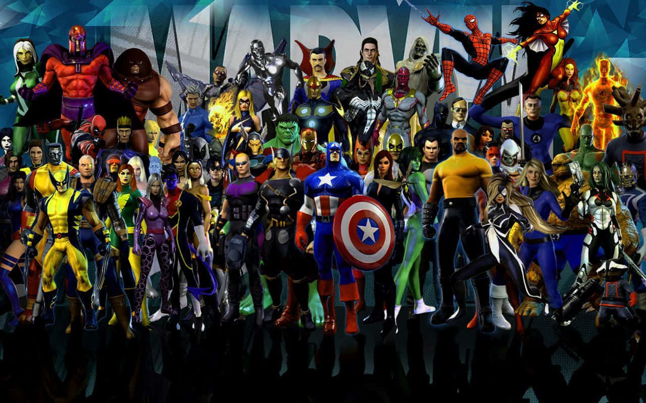 Best Marvel 桌布 壁紙 — 一幅充滿活力的數位拼貼畫，描繪了標誌性的漫畫超級英雄和反派，在風格化的藍色幾何背景前動態擺姿勢。