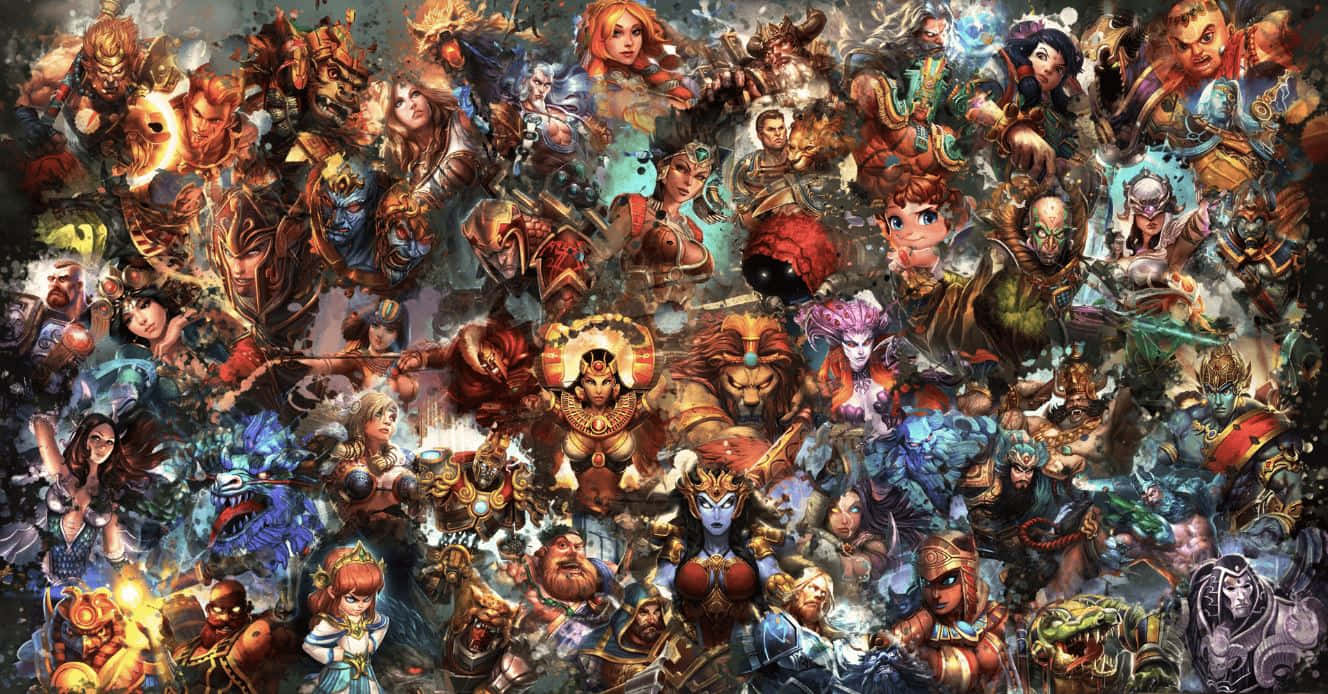Online Gaming 桌布 壁紙 — 一幅充滿活力的數位拼貼畫，描繪了多種奇幻角色以動態姿勢呈現，色彩豐富，盔甲細節精緻。