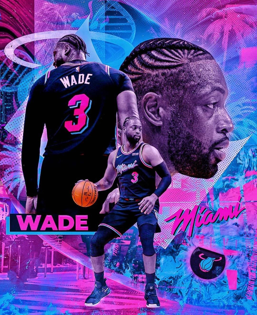 NBA 桌布 壁紙 — 一幅充滿活力的數位拼貼畫，描繪籃球運動員韋德身穿邁阿密熱火隊裝備，背景為霓虹粉紅和藍色的抽象圖案，並有棕櫚樹和城市元素。