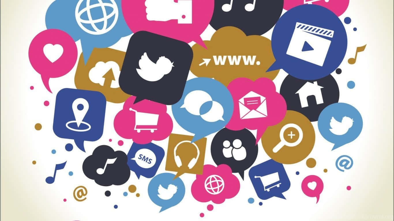 Social Media Logos 桌布 壁紙 — 一幅充滿活力的數位拼貼畫，色彩繽紛的對話氣泡內充滿社交媒體圖示和網路符號，漂浮在柔和的奶油色背景上。