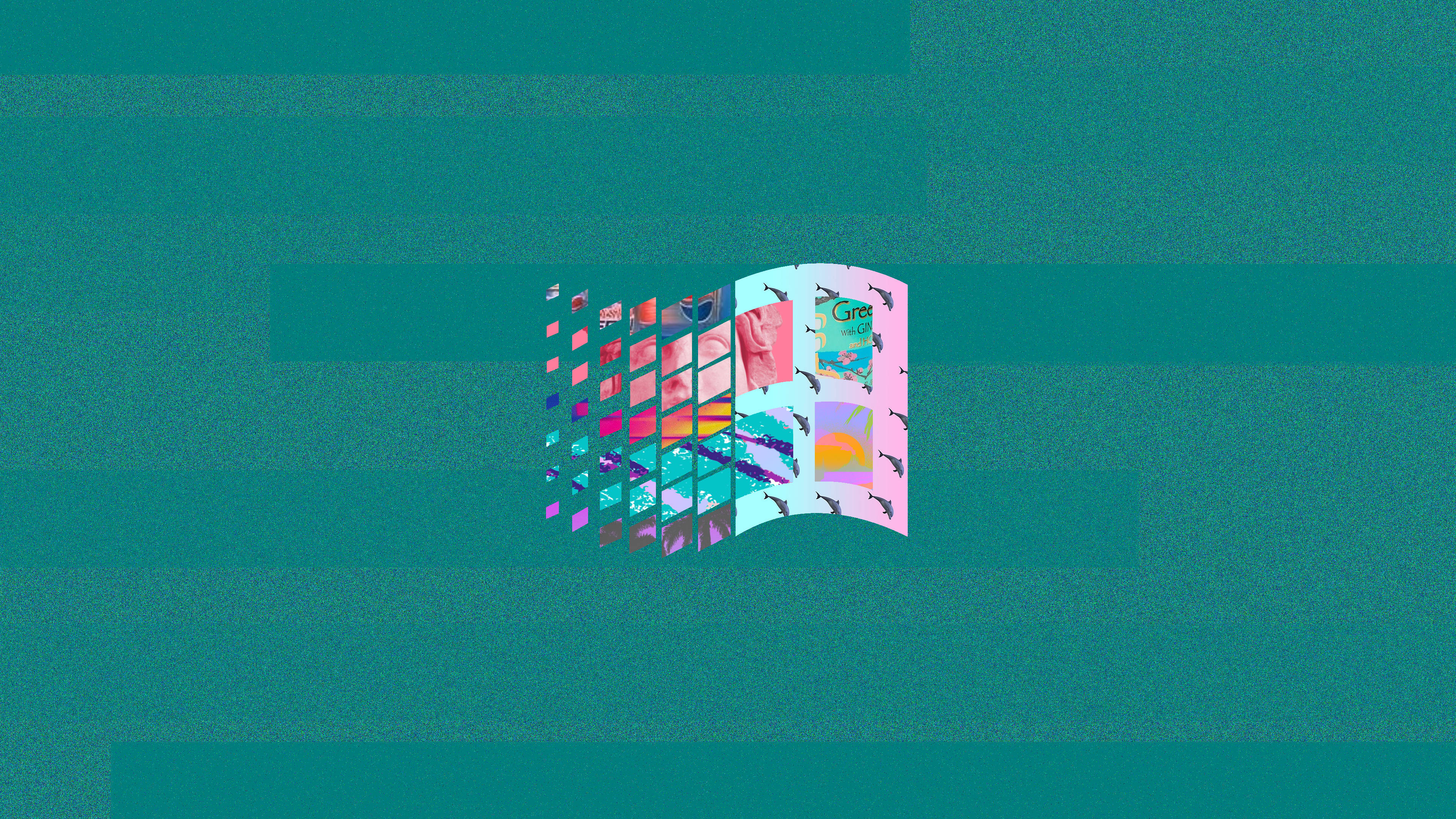 Windows 95 動態圖 桌布 壁紙 — 一幅充滿活力的數位拼貼畫，色彩繽紛的抽象形狀和圖案從中央的書本狀結構中浮現，背景是藍綠色的紋理。
