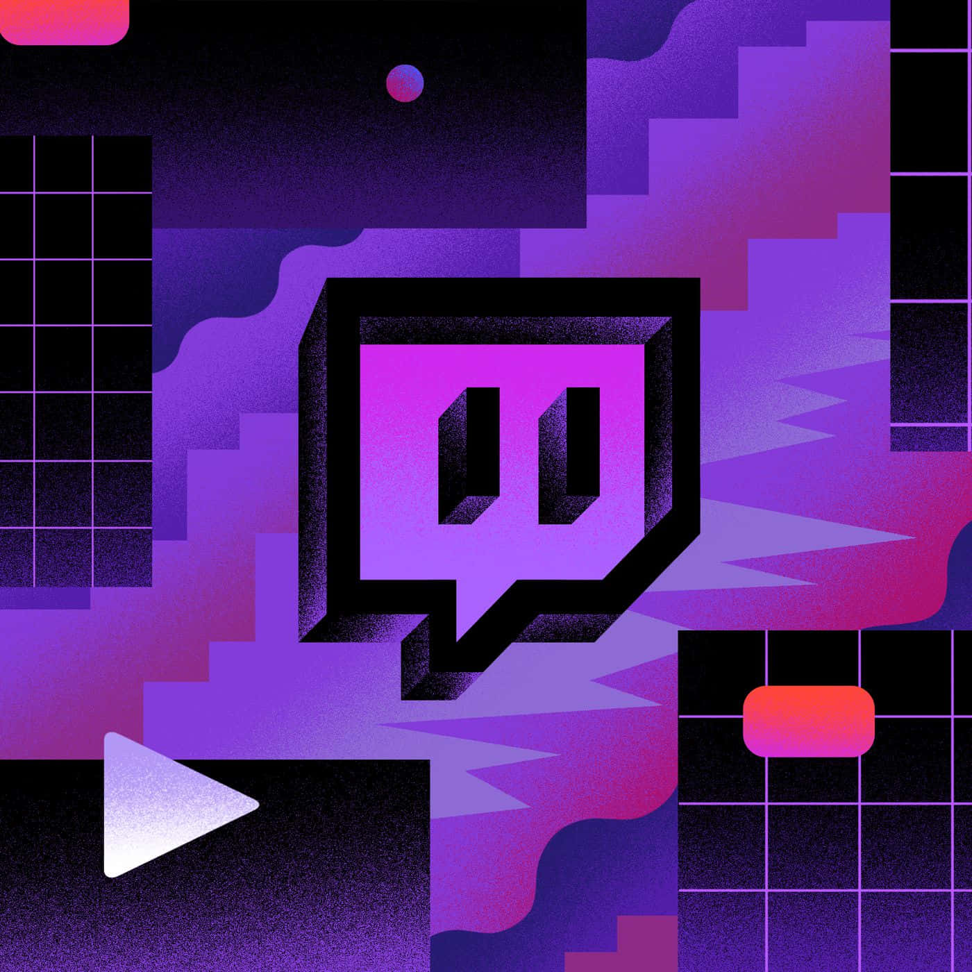 Twitch 桌布 壁紙 — 一幅充滿活力的數位插圖，以動態的紫色和粉紅色漸變背景為中心，帶有幾何形狀和網格圖案，呈現出3D Twitch標誌。