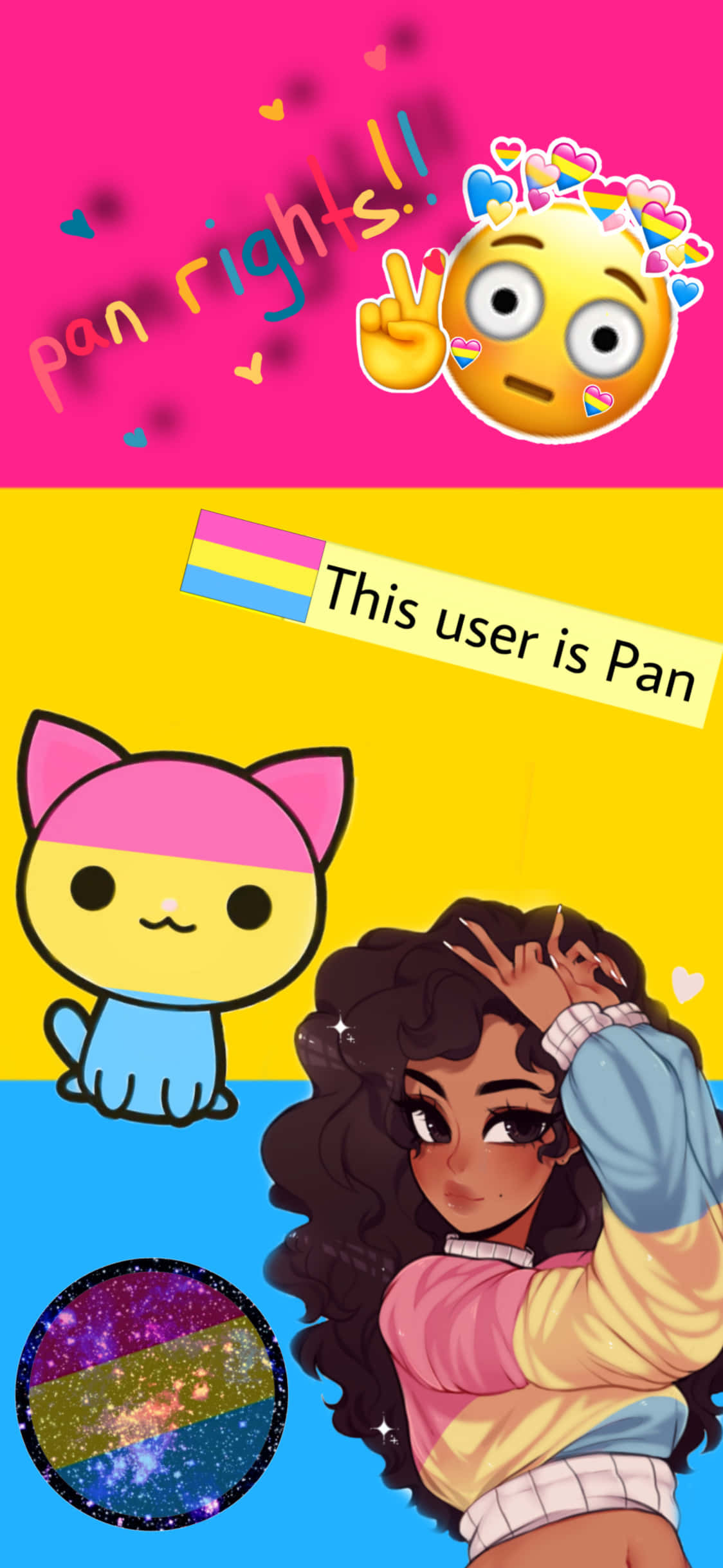 Pansexual 桌布 壁紙 — 一幅充滿活力的數位插圖，以泛性戀驕傲旗、卡通貓咪和一位捲髮年輕女性為特色，背景為三色。