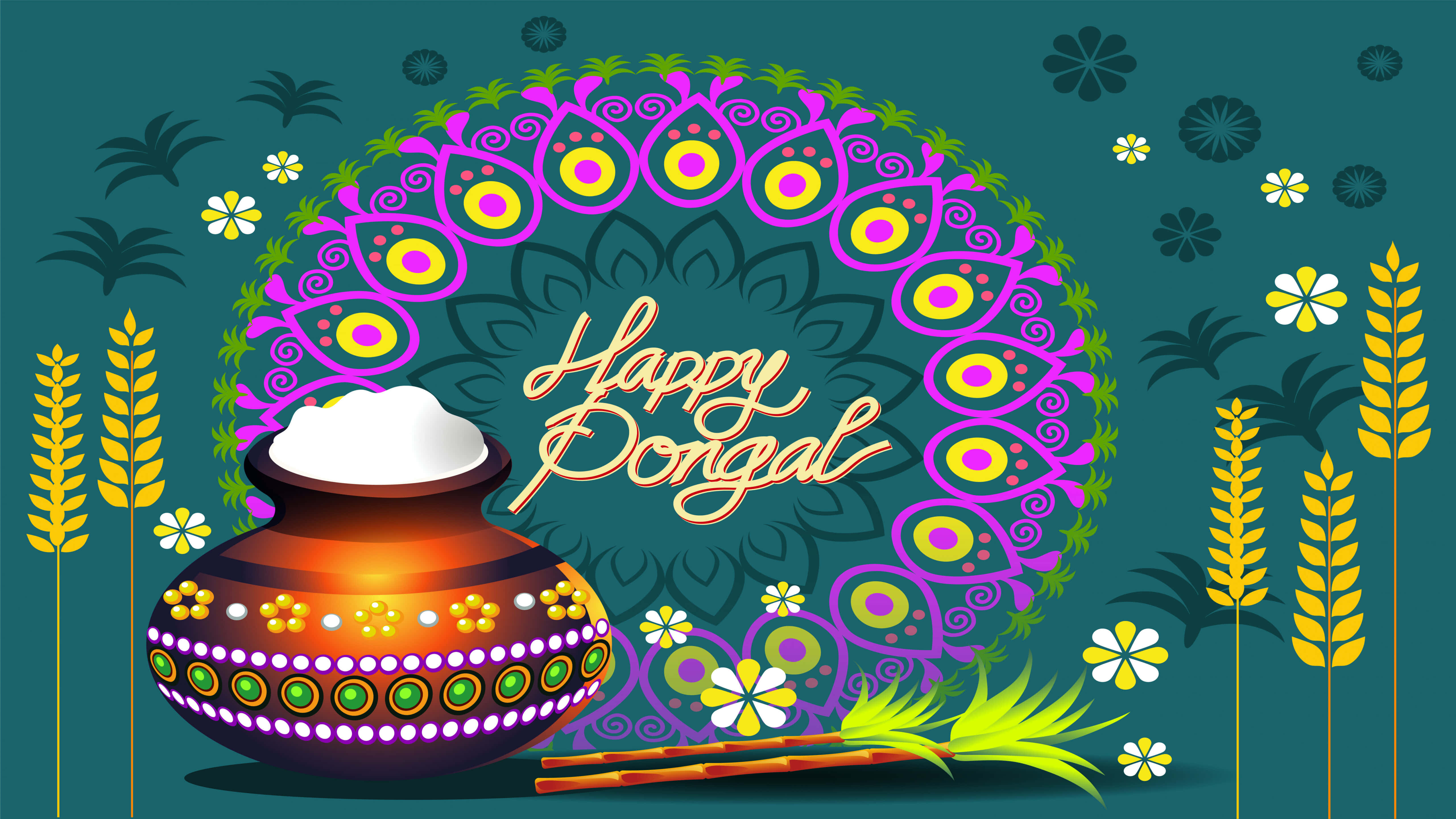 Pongal 桌布 壁紙 — 一幅充滿活力的數位插圖，以青綠色背景襯托裝飾米鍋、甘蔗和花卉圖案，慶祝Happy Pongal。