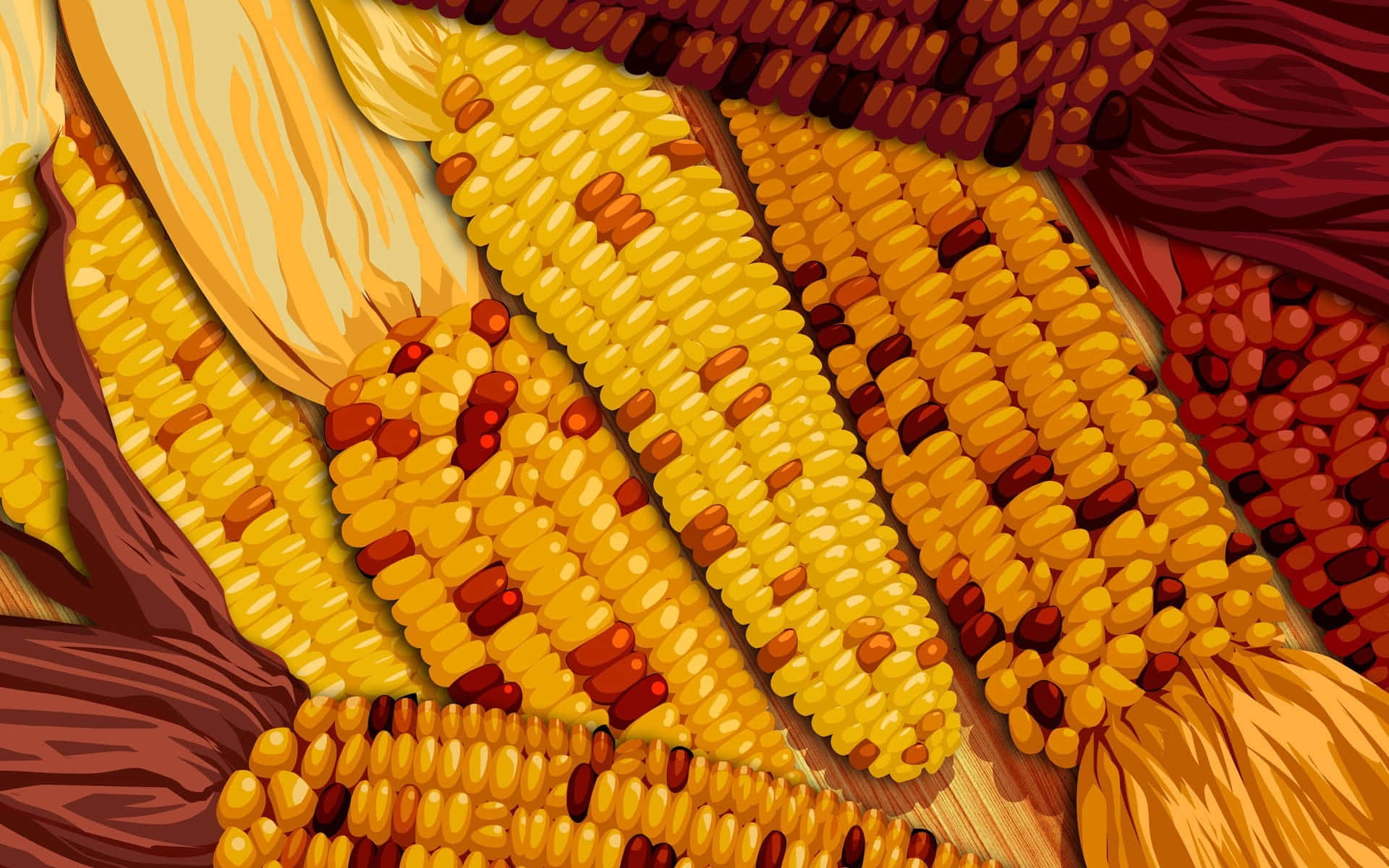 Yellow Corn 桌布 壁紙 — 一幅充滿活力的數位插圖，展示各種黃色和紅色玉米粒的玉米棒，以對角線排列在木質表面上。