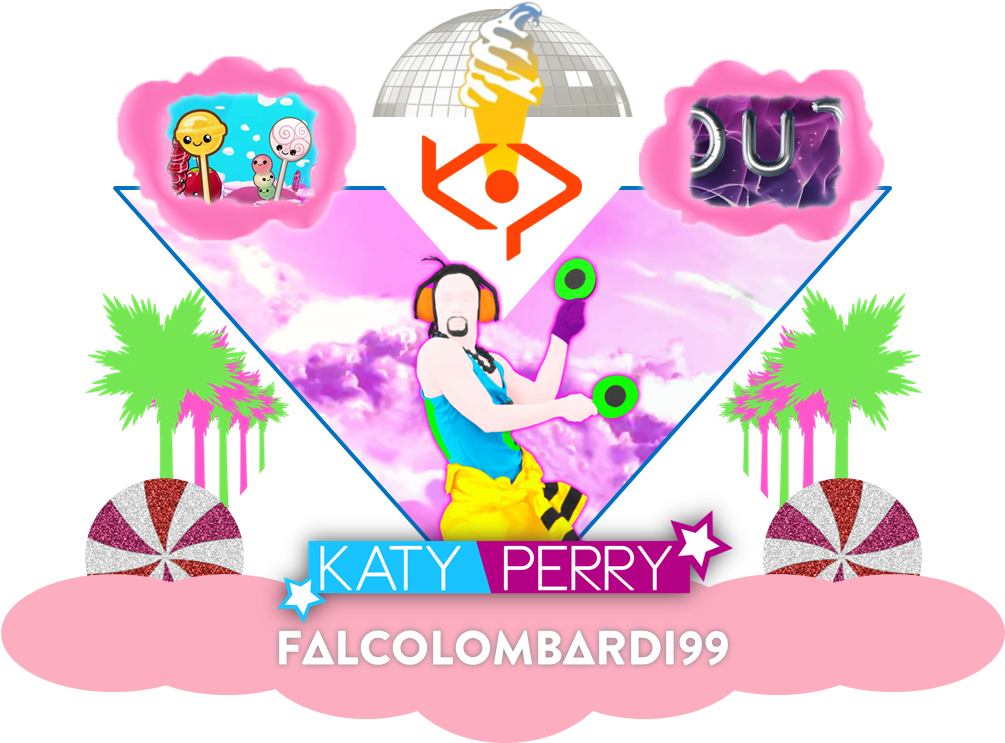凱蒂佩芮 桌布 壁紙 — 一幅充滿活力的數位插圖，描繪Katy Perry在粉紅色天空、棕櫚樹和迪斯科球背景下，手持綠色啞鈴跳舞。
