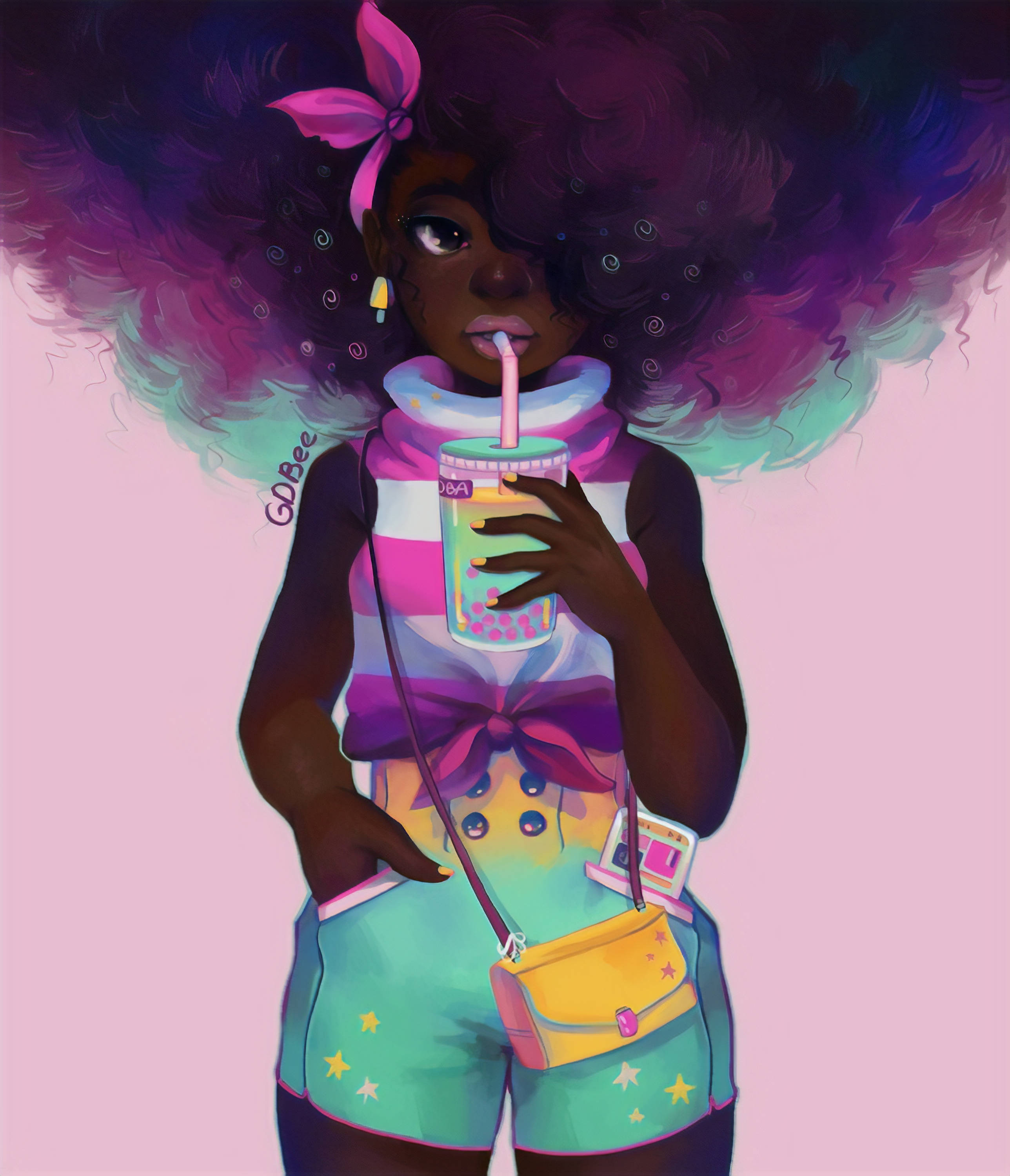 Black Girl 桌布 壁紙 — 一幅充滿活力的數位插圖，描繪一位年輕女性，擁有巨大的彩色非洲式髮型，正在喝珍珠奶茶，身穿條紋上衣和星星短褲。