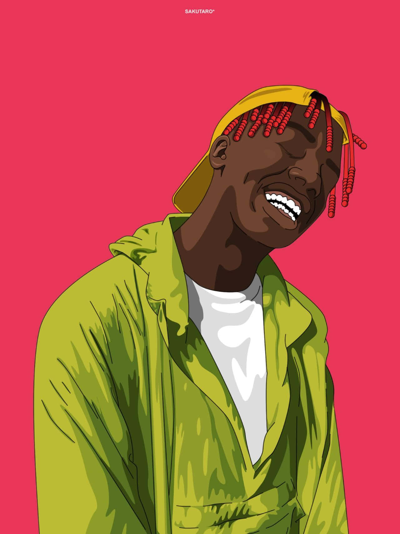 Dababy Cartoon 桌布 壁紙 — 一幅充滿活力的數位插圖，描繪一位快樂的男子，紅色辮子、黃色帽子，背景為大膽的粉紅色。