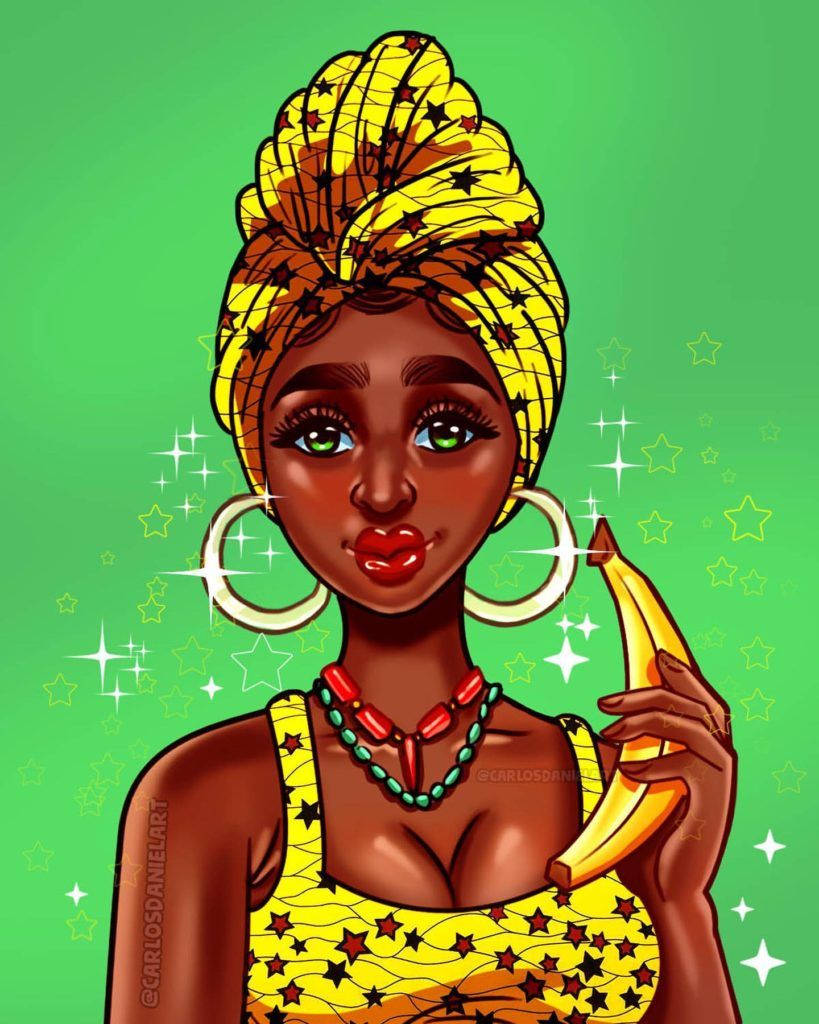 Black Girl 桌布 壁紙 — 一幅充滿活力的數位插圖，描繪一位戴著黃色星星圖案頭巾、身穿同款連衣裙的女性，手持香蕉，背景是閃爍的綠色。