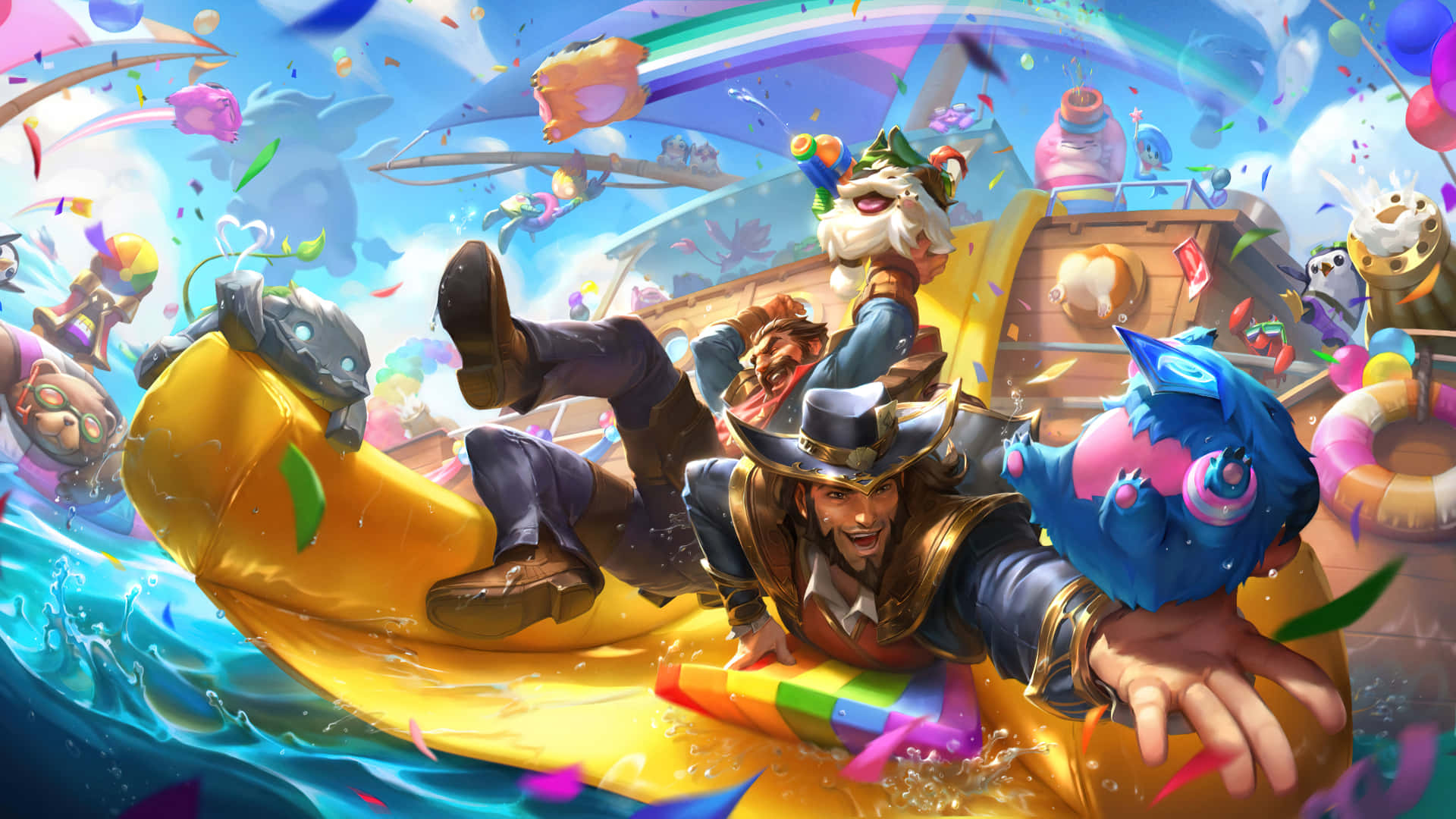 Lol 1920 X 1080 Gaming 桌布 壁紙 — 一幅充滿活力的數位插圖，描繪一位快樂的海盜和他的船員沿著彩虹色的香蕉船滑下，濺起水花。