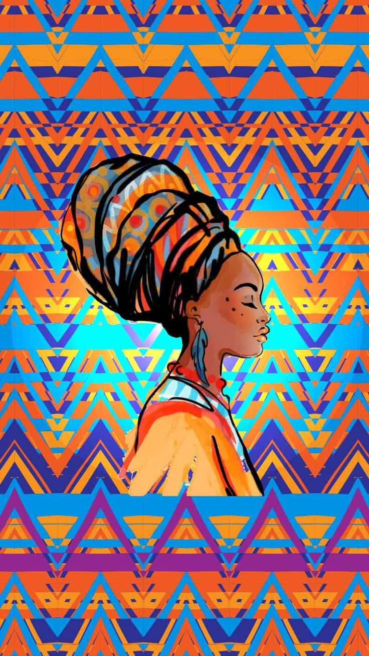 Africa 桌布 壁紙 — 一幅充滿活力的數位插圖，描繪一位戴著彩色頭巾的女性側面，背景為大膽的幾何圖案。